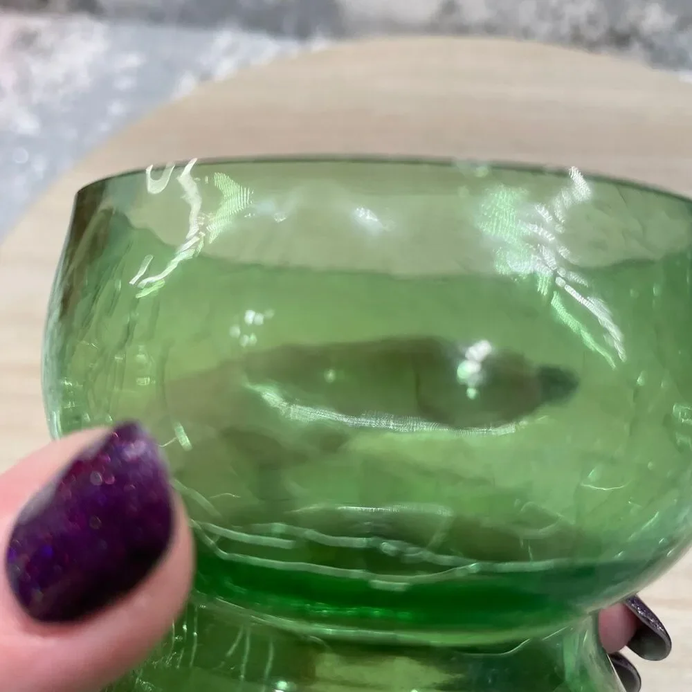 Vintage MCM Green Crackle Glass Hourglass Vase Hand Blown Art Glass 6 inch